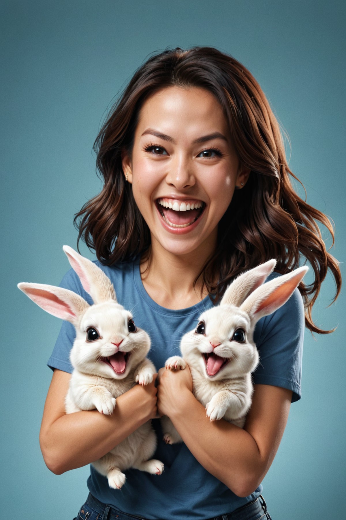by  J. Scott Campbell  and  Duy Huynh ,  cute happy woman holding up two cute bunnies while laughing maniacally, dual wiel...
